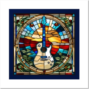 Blue Bordered Guitar Stained Glass Posters and Art